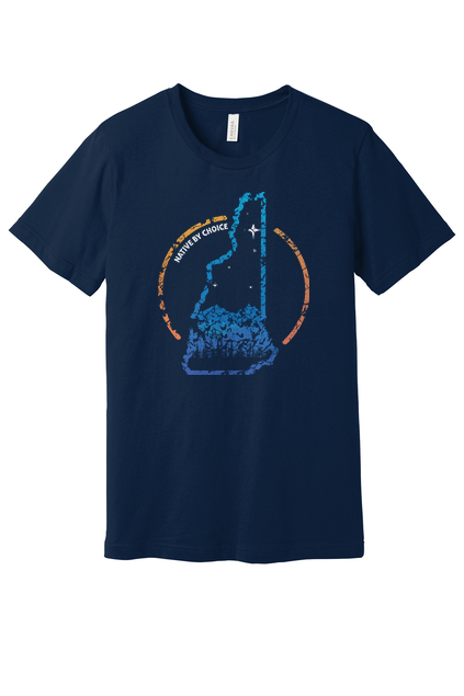 Navy New Hampshire Native by Choice graphic tee featuring colorful state-inspired stamp design