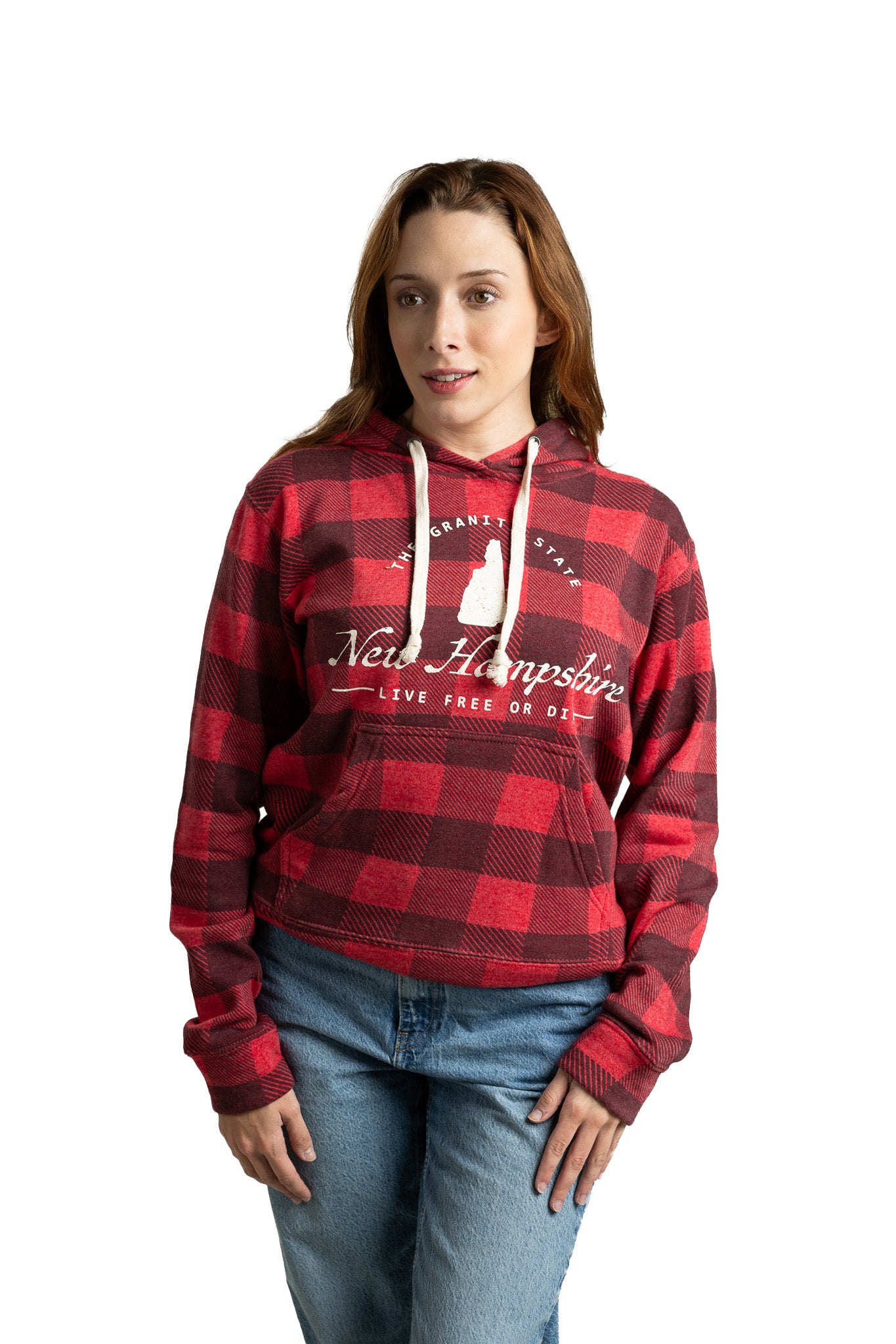 Model wearing a New Hampshire flannel hoodie featuring graphic design that honors NH spirit