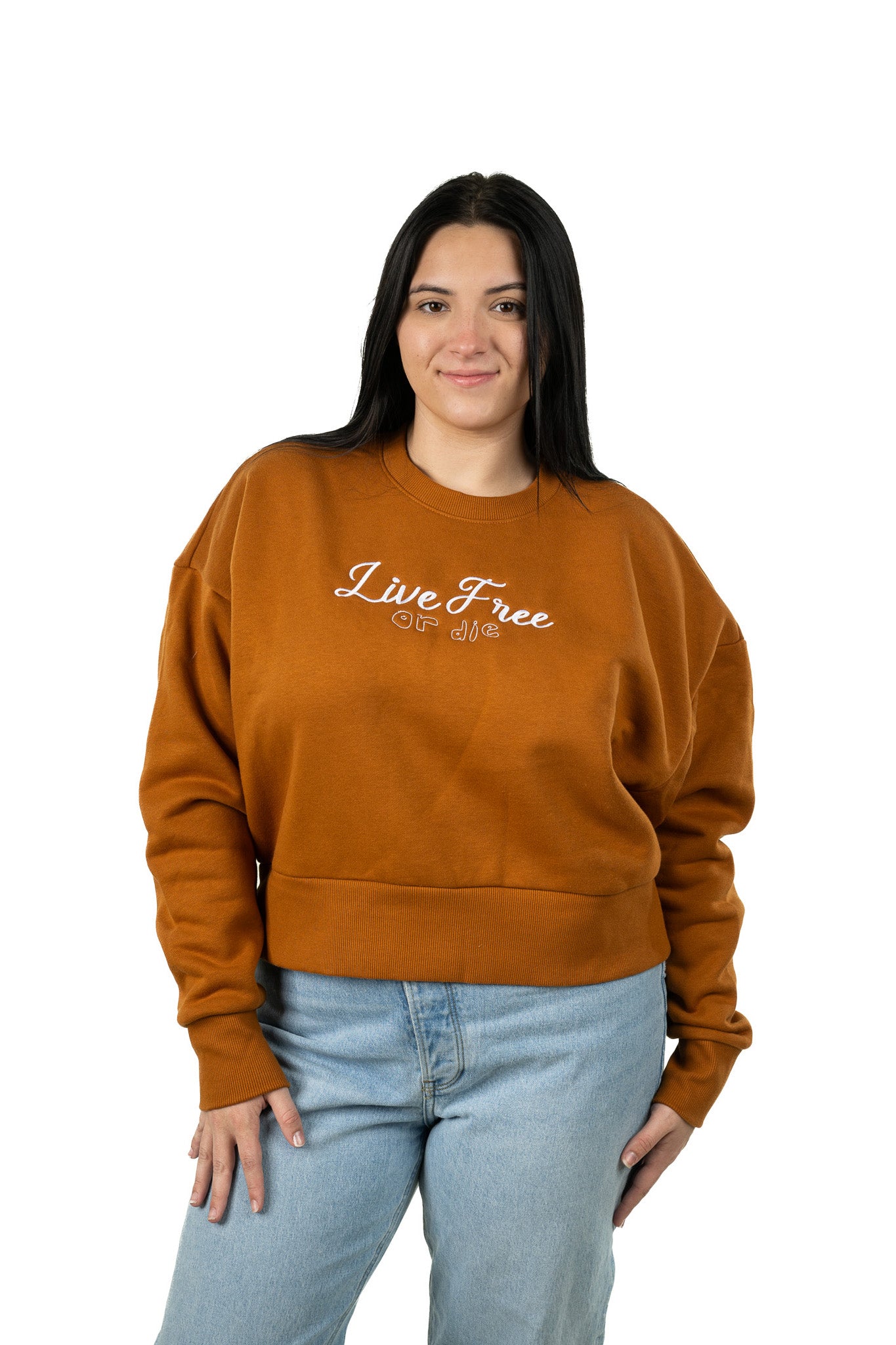 Young woman wearing a new hampshire live free or die sweatshirt in the color clay, showing its embroidered features and streetwear style fit