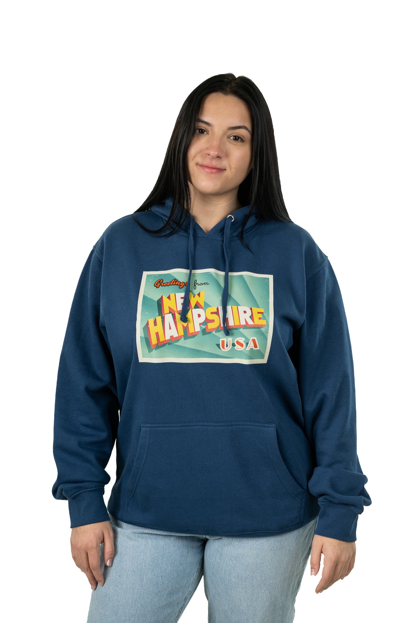 Model in oversized NH unisex postcard hoodie with standout graphic and stylish relaxed fit
