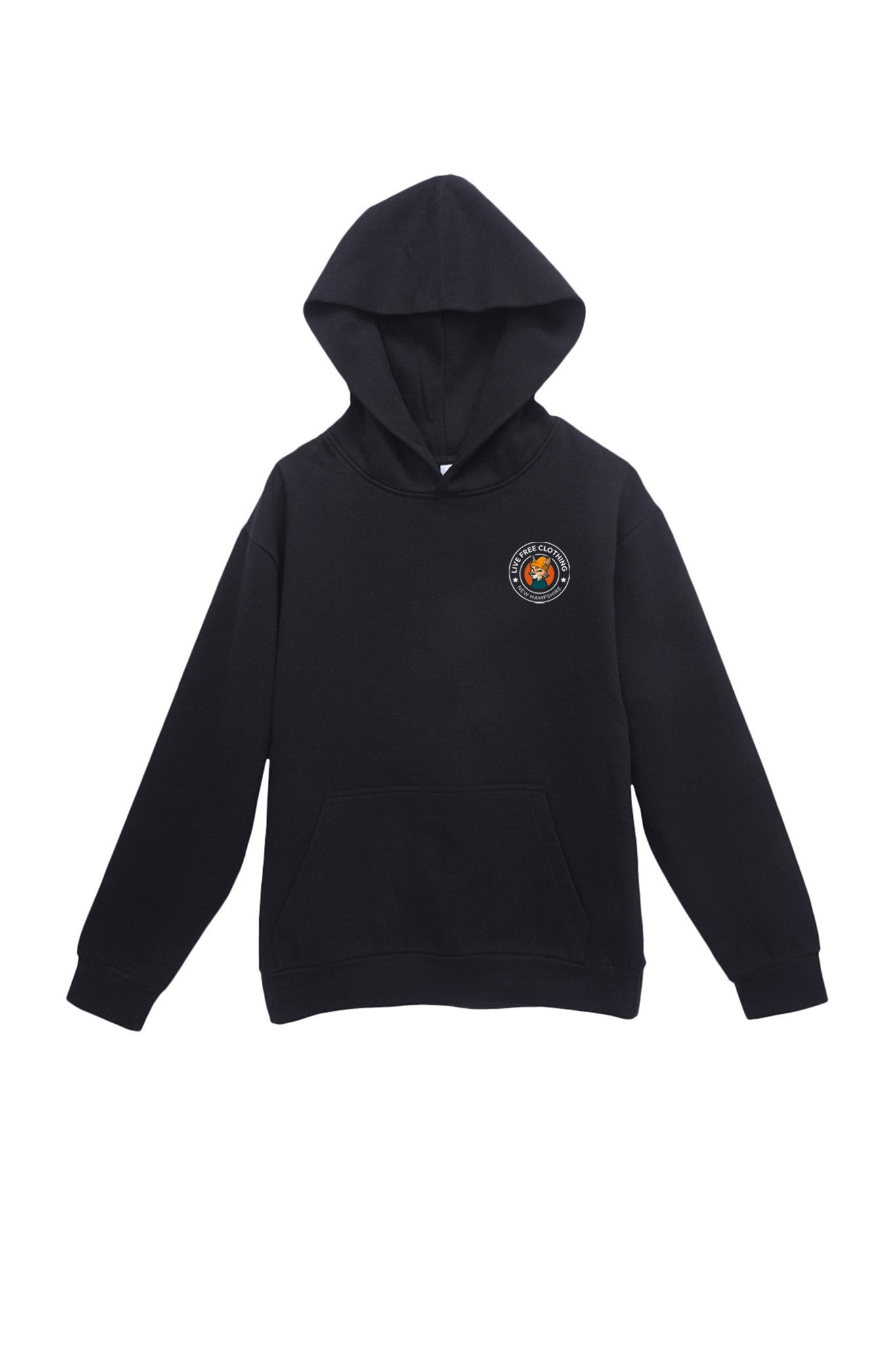 Model in oversized cotton unisex hoodie NH featuring Live Free’s pet mascot, Nash
