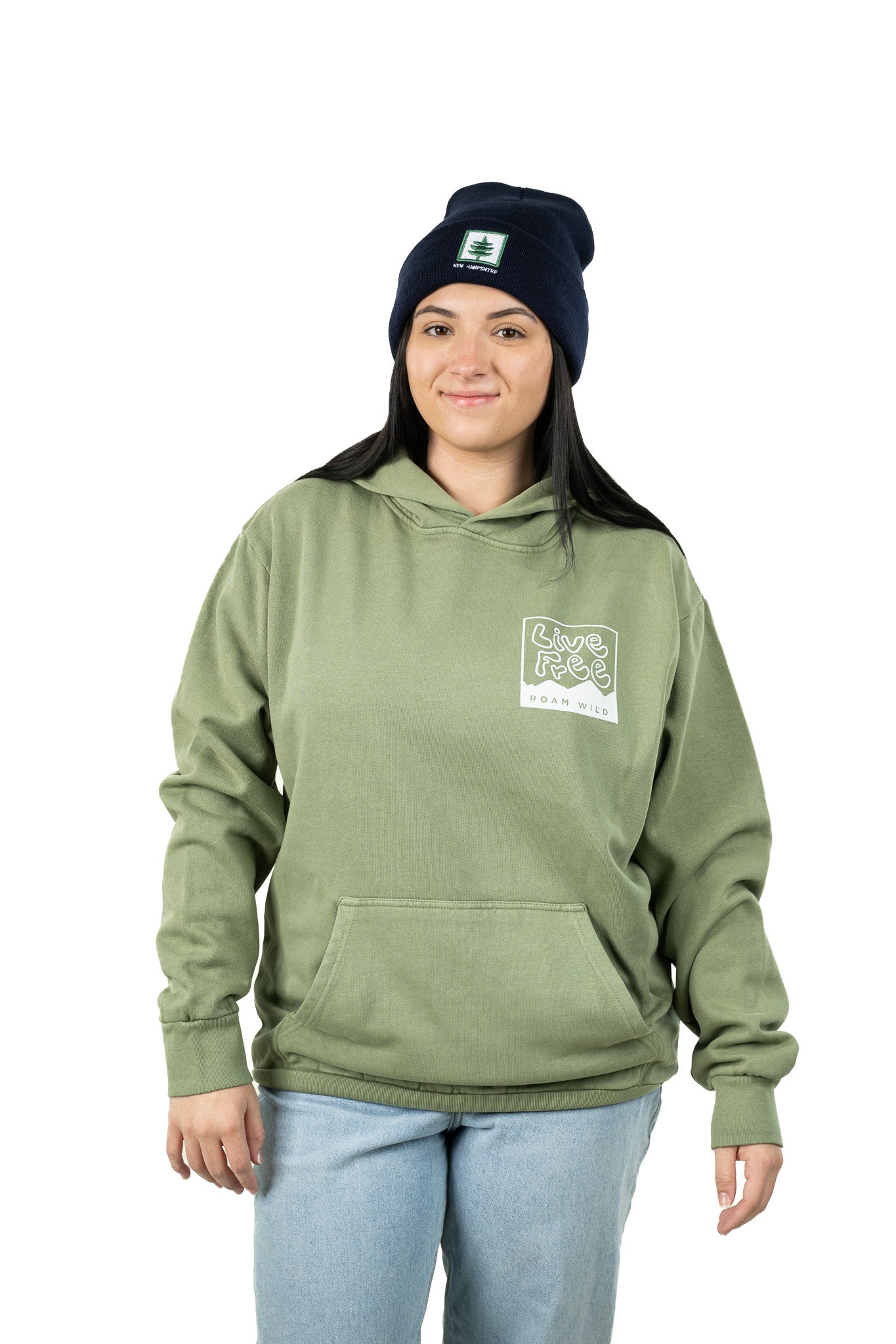 Model in oversized sage green embroidered cotton hoodie with stitched Live Free logo and relaxed fit
