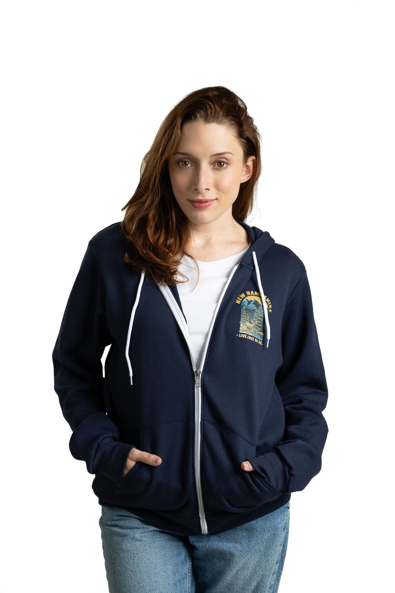 Model wearing dark blue unisex zip up hoodie New Hampshire featuring custom graphic design