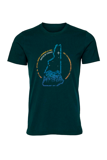 Atlantic New Hampshire Native by Choice graphic tee featuring colorful state-inspired stamp design