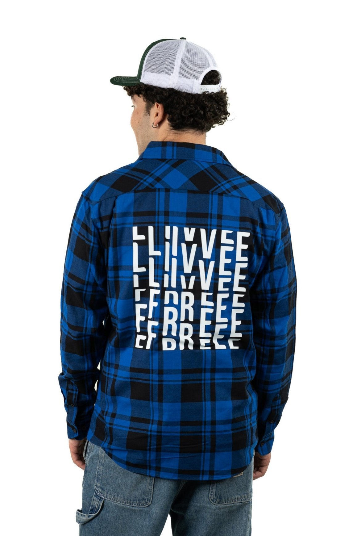Blue plaid unisex Live Free shirt featuring fun and creative graphic stamp on the back