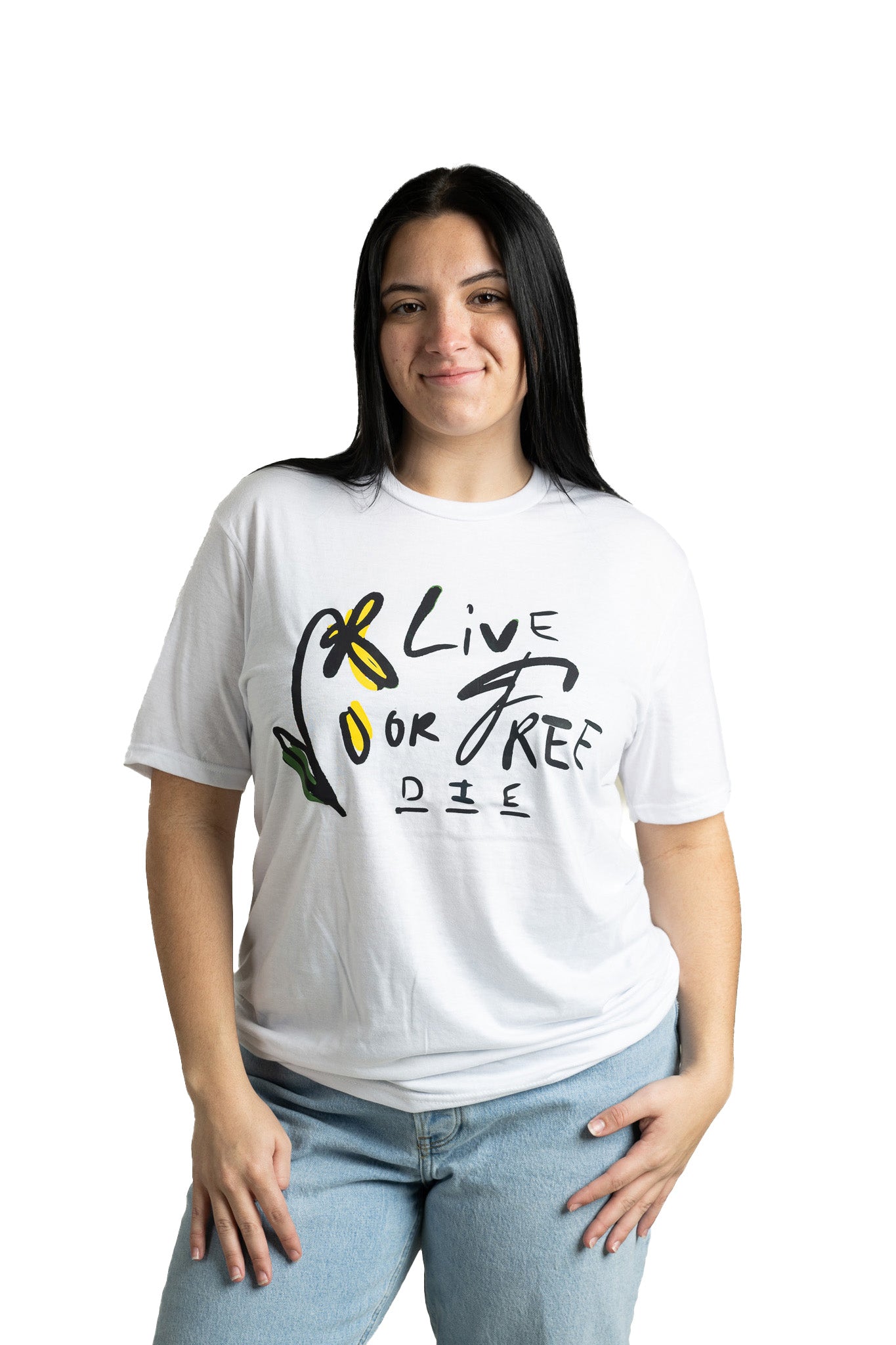 Model wearing white flower Live Free graphic unisex shirt with classic fit and minimalist style