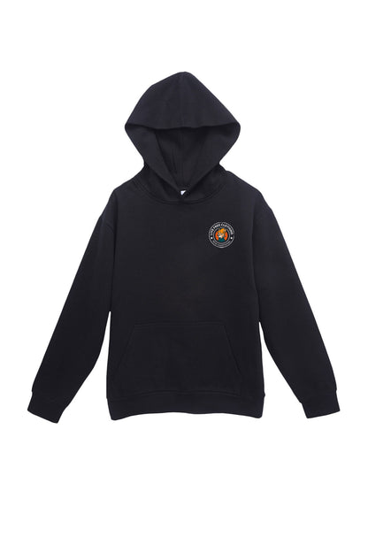 Model in oversized cotton unisex hoodie NH featuring Live Free’s pet mascot, Nash