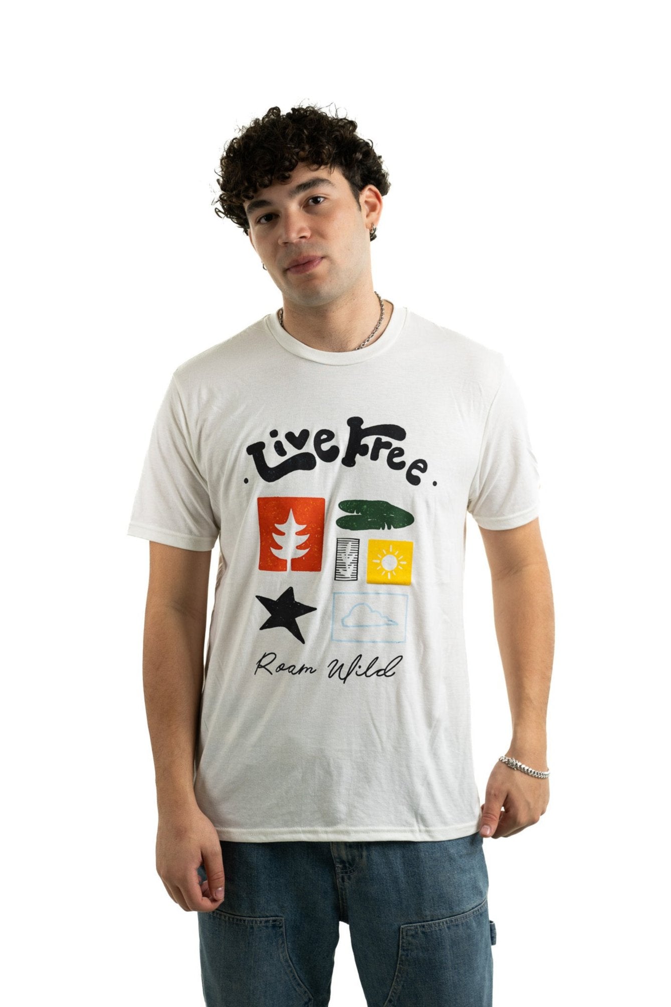 Model in white unisex casual tee Live Free Clothing with colorful New Hampshire-inspired graphics