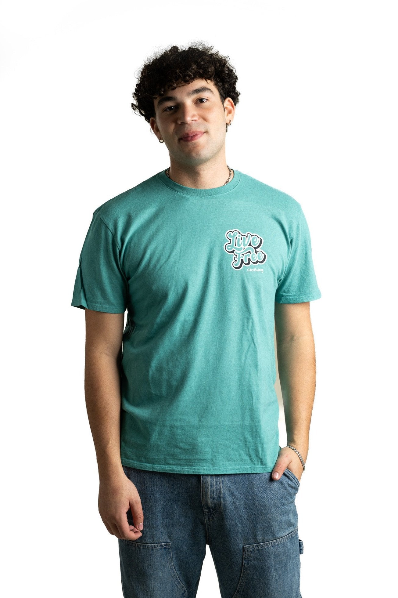 Model wearing classic unisex cotton Live Free tee with relaxed, stylish everyday fit